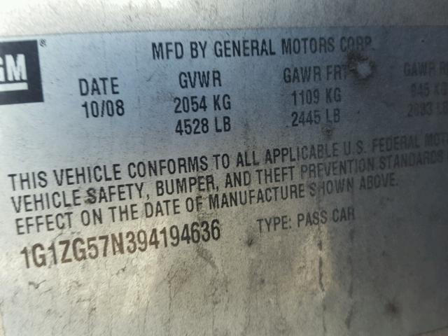 1G1ZG57N394194636 - 2009 CHEVROLET MALIBU LS GOLD photo 10