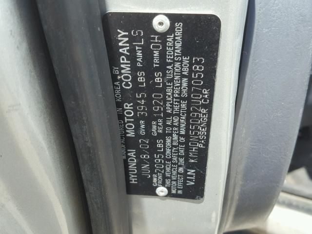 KMHDN55D92U070583 - 2002 HYUNDAI ELANTRA GL SILVER photo 10