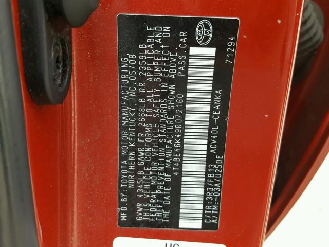 4T4BE46K49R072160 - 2009 TOYOTA CAMRY BASE RED photo 10