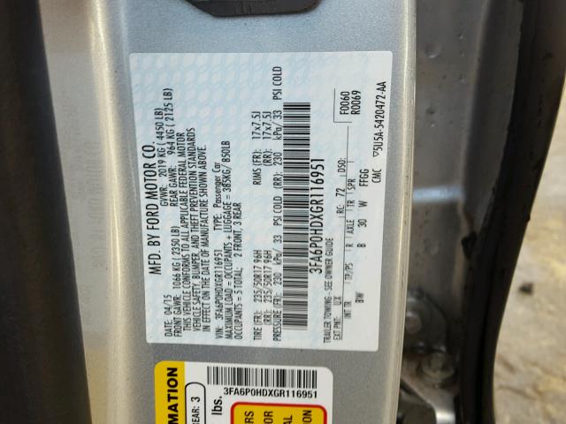 3FA6P0HDXGR116951 - 2016 FORD FUSION SE SILVER photo 10