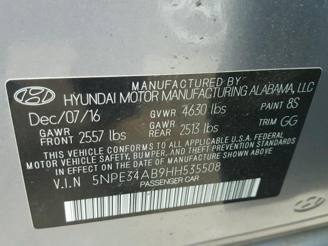 5NPE34AB9HH535508 - 2017 HYUNDAI SONATA SPO GRAY photo 10