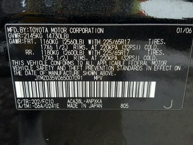 JTMZD35V065007091 - 2006 TOYOTA RAV4 BLACK photo 10