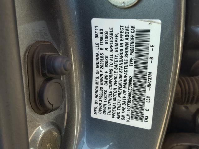 19XFB2F85CE309052 - 2012 HONDA CIVIC EX GRAY photo 10