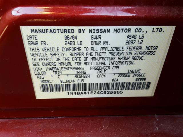 1N4BA41E24C925865 - 2004 NISSAN MAXIMA SE RED photo 10