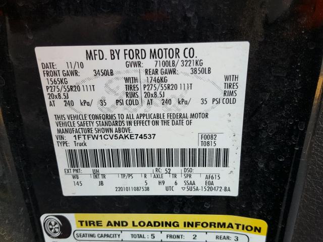 1FTFW1CV5AKE74537 - 2010 FORD F150 SUPER BLACK photo 10