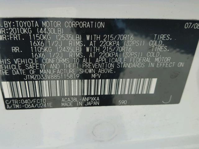 JTMZD33V885115819 - 2008 TOYOTA RAV4 WHITE photo 10