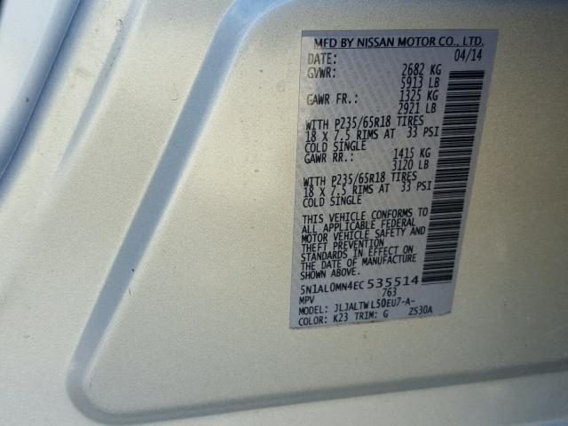 5N1AL0MN4EC535514 - 2014 INFINITI QX60 SILVER photo 10