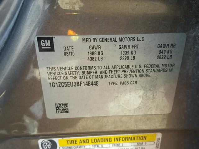 1G1ZC5EU3BF148448 - 2011 CHEVROLET MALIBU 1LT Մոխրագույն լուսանկար 10