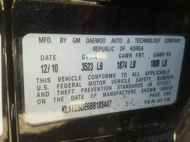 KL1TD5DE6BB185447 - 2011 CHEVROLET AVEO LS BLACK photo 10