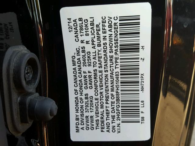 2HGFG3B88FH510483 - 2015 HONDA CIVIC EX 黑色 照片 10