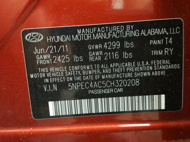 5NPEC4AC5CH320208 - 2012 HYUNDAI SONATA SE RED photo 10