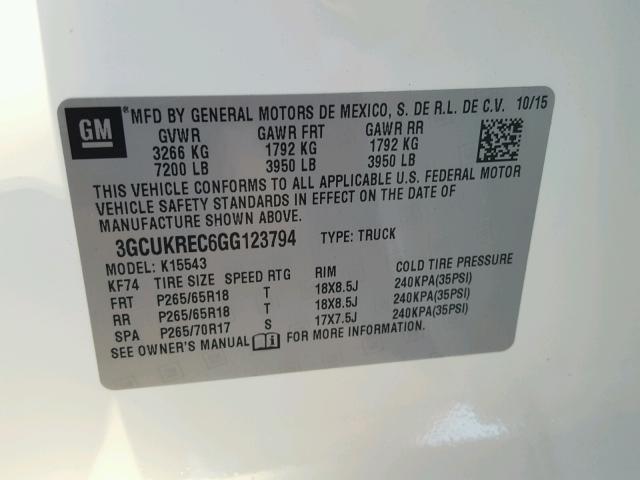 3GCUKREC6GG123794 - 2016 CHEVROLET SILVERADO WHITE photo 10