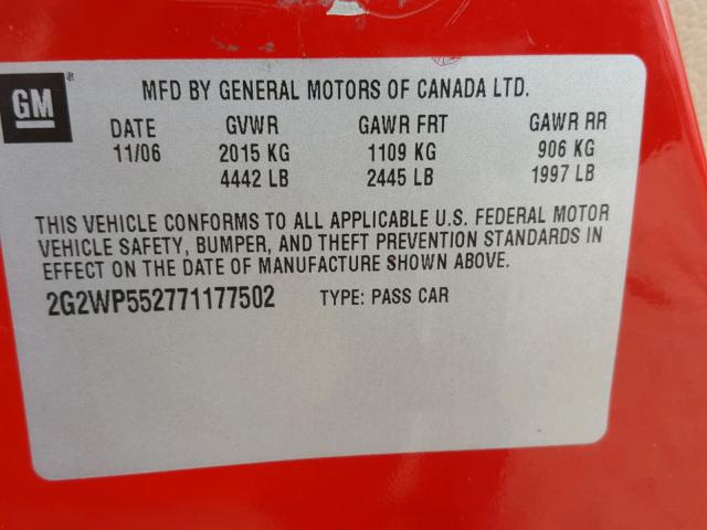 2G2WP552771177502 - 2007 PONTIAC GRAND PRIX RED photo 10