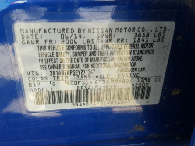 3N1AB7AP5EY271347 - 2014 NISSAN SENTRA BLUE photo 10