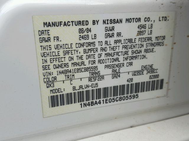 1N4BA41E05C805595 - 2005 NISSAN MAXIMA SE WHITE photo 10