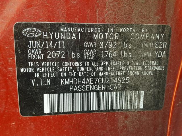 KMHDH4AE7CU214925 - 2012 HYUNDAI ELANTRA RED photo 10