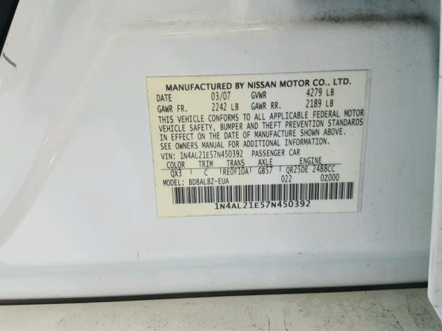 1N4AL21E57N450392 - 2007 NISSAN ALTIMA 2.5 WHITE photo 10