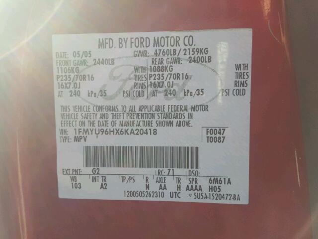 1FMYU96HX6KA20418 - 2006 FORD ESCAPE HEV MAROON photo 10