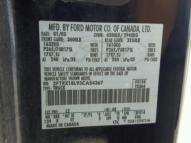 2FTRX18L93CA54367 - 2003 FORD F150 BLUE photo 10