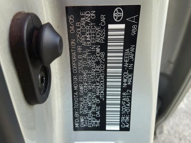 JTDKB20U457027248 - 2005 TOYOTA PRIUS SILVER photo 10