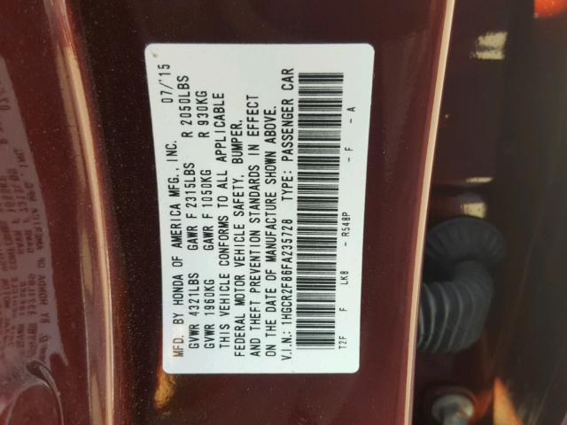 1HGCR2F86FA235728 - 2015 HONDA ACCORD EXL MAROON photo 10