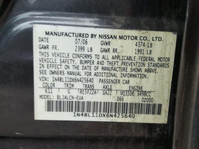 1N4BL11DX6N425640 - 2006 NISSAN ALTIMA SE GRAY photo 10