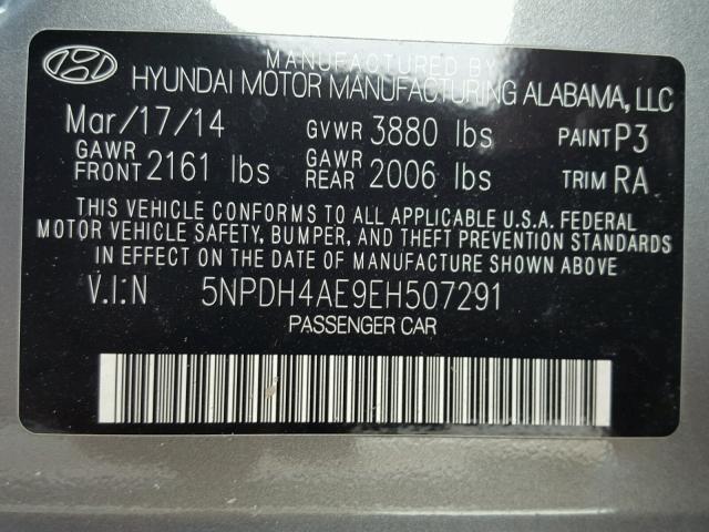 5NPDH4AE9EH507291 - 2014 HYUNDAI ELANTRA SE GRAY photo 10