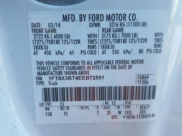 1FT8X3BT4EEB72551 - 2014 FORD F350 SUPER WHITE photo 10