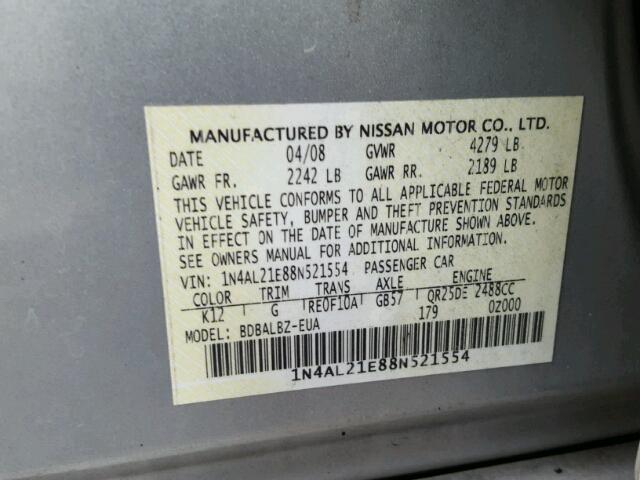 1N4AL21E88N521554 - 2008 NISSAN ALTIMA 2.5 SILVER photo 10