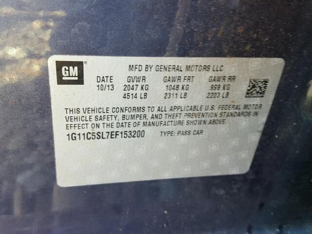 1G11C5SL7EF153200 - 2014 CHEVROLET MALIBU 1LT 蓝色 照片 10