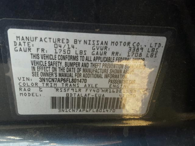 3N1CN7AP6FL801470 - 2015 NISSAN VERSA BLUE photo 10