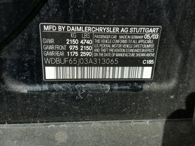 WDBUF65J03A313065 - 2003 MERCEDES-BENZ E 320 BLACK photo 10