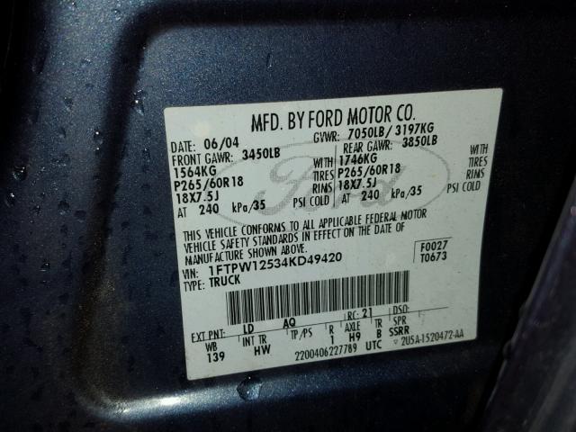 1FTPW12534KD49420 - 2004 FORD F150 SUPER BLUE photo 10