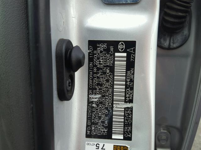 JTDKB20U987725567 - 2008 TOYOTA PRIUS SILVER photo 10