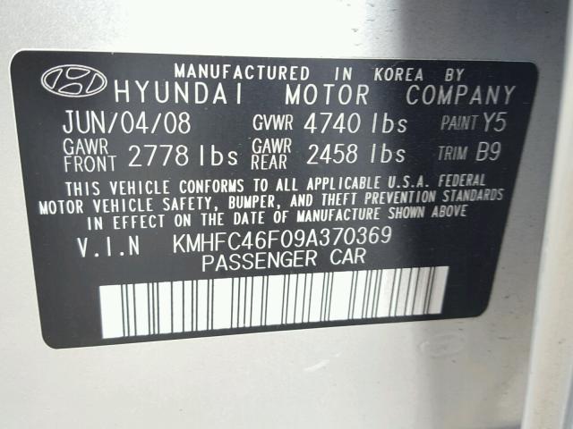 KMHFC46F09A370369 - 2009 HYUNDAI AZERA SE SILVER photo 10