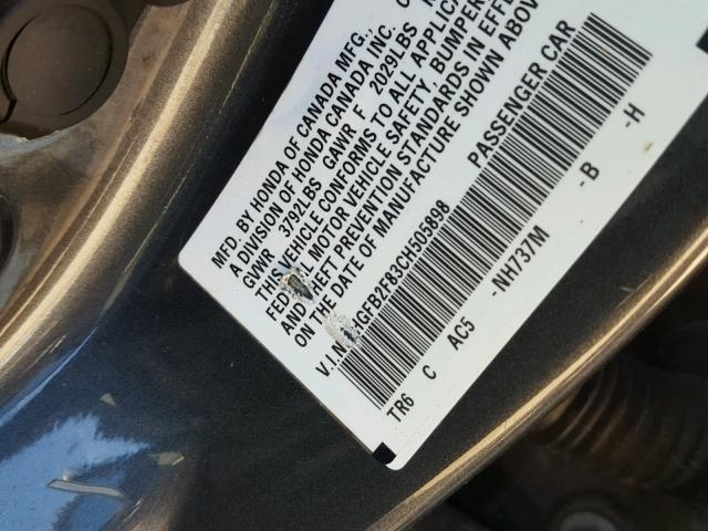 2HGFB2F83CH505898 - 2012 HONDA CIVIC EX GRAY photo 10