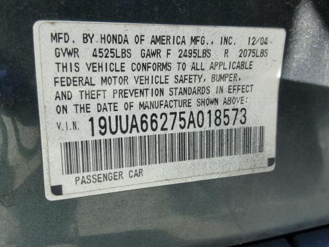 19UUA66275A018573 - 2005 ACURA TL GREEN photo 10