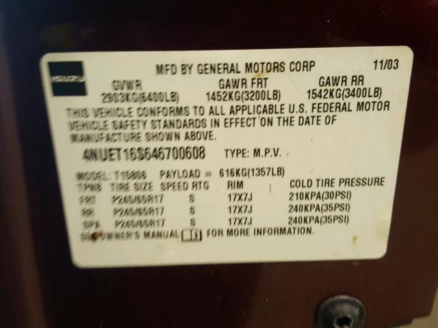 4NUET16S646700608 - 2004 ISUZU ASCENDER S 勃艮第红 照片 10