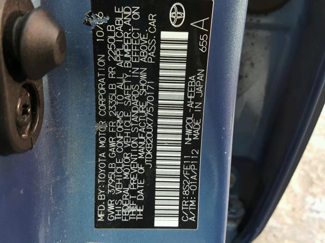 JTDKB20UX77570171 - 2007 TOYOTA PRIUS BLUE photo 10