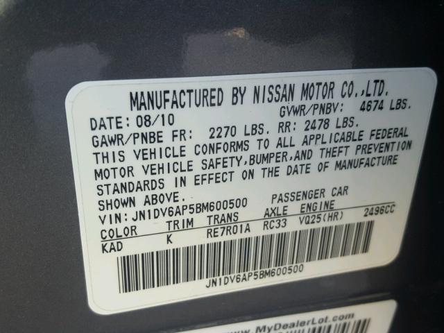 JN1DV6AP5BM600500 - 2011 INFINITI G25 BASE SILVER photo 10