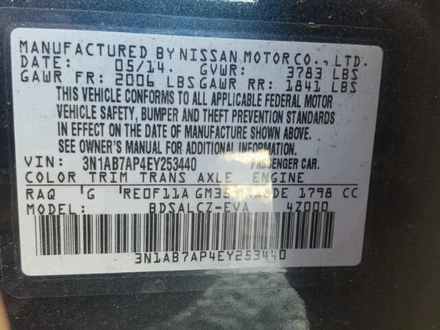 3N1AB7AP4EY253440 - 2014 NISSAN SENTRA S BLUE photo 10