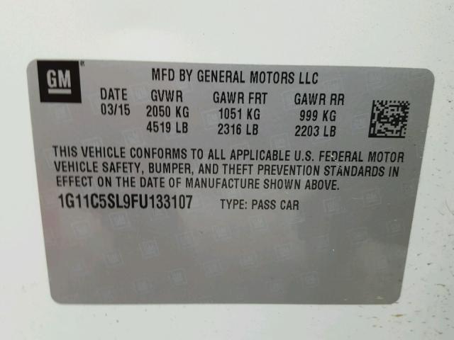 1G11C5SL9FU133107 - 2015 CHEVROLET MALIBU 1LT WHITE photo 10