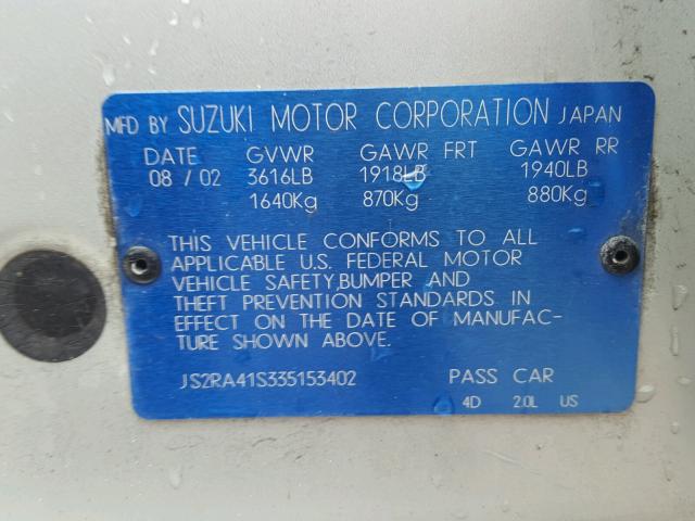 JS2RA41S335153402 - 2003 SUZUKI AERIO S SILVER photo 10