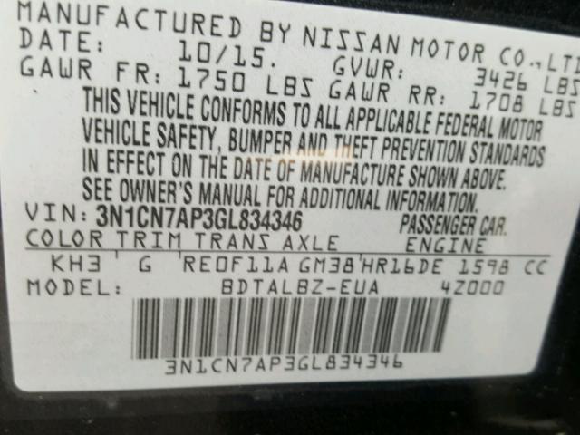 3N1CN7AP3GL834346 - 2016 NISSAN VERSA S 黑色 照片 10