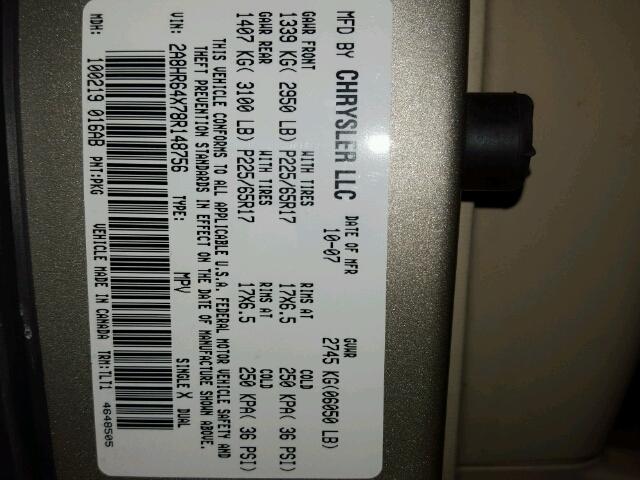 2A8HR64X78R148756 - 2008 CHRYSLER TOWN & COU Qızıl foto 10