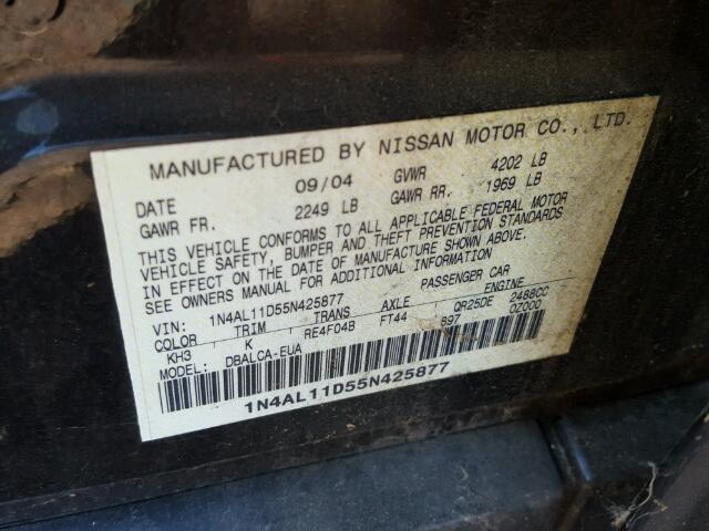 1N4AL11D55N425877 - 2005 NISSAN ALTIMA S BLACK photo 10