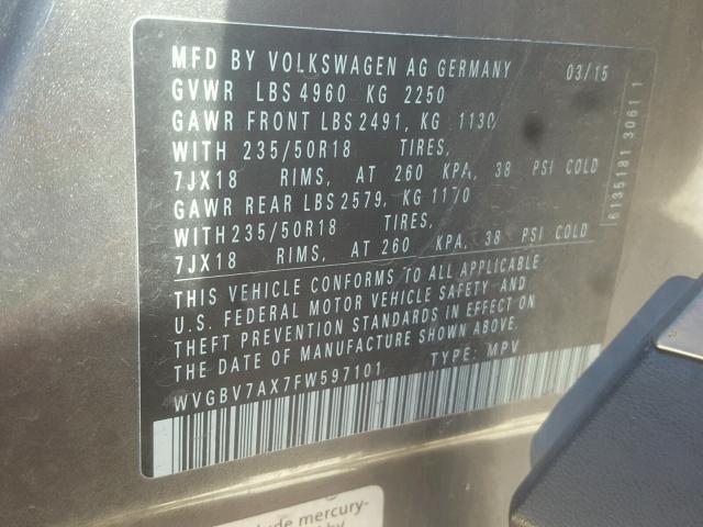 WVGBV7AX7FW597101 - 2015 VOLKSWAGEN TIGUAN S GRAY photo 10