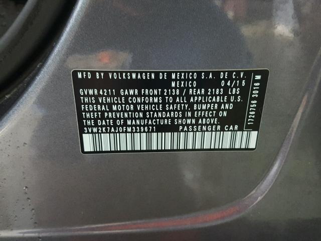3VW2K7AJ0FM339671 - 2015 VOLKSWAGEN JETTA BASE GRAY photo 10