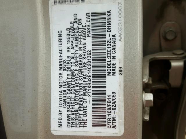 2T1KR32E14C201362 - 2004 TOYOTA COROLLA MA SILVER photo 10