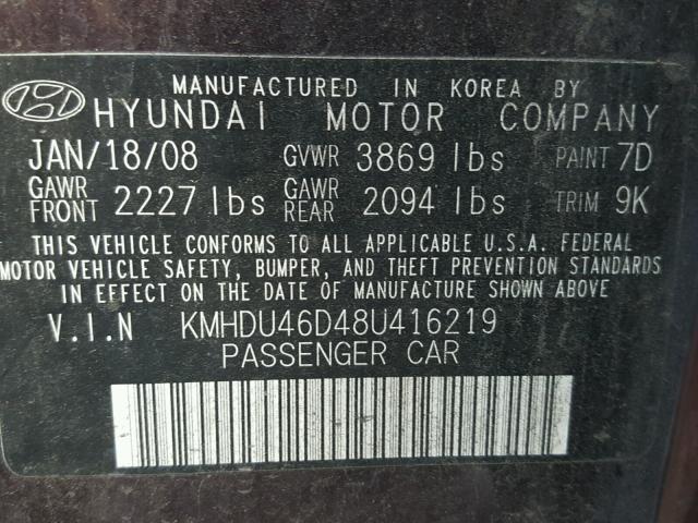 KMHDU46D48U416219 - 2008 HYUNDAI ELANTRA GL PURPLE photo 10